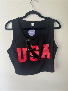 Black USA Graphic Ribbed Crop Tank
